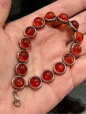 Vintage Cognac Baltic Amber Bracelet in Sterling Silver 8"